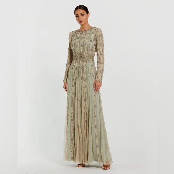 MAC DUGGAL 10077 Green Embellished Mesh Long Sleeve A Line Gown - Picture 2 of 15